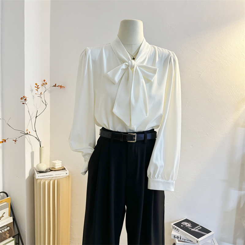 黑色系带蝴蝶结缎面衬衫女长袖秋季垂感醋酸上衣通勤气质飘带衬衣 - 图1