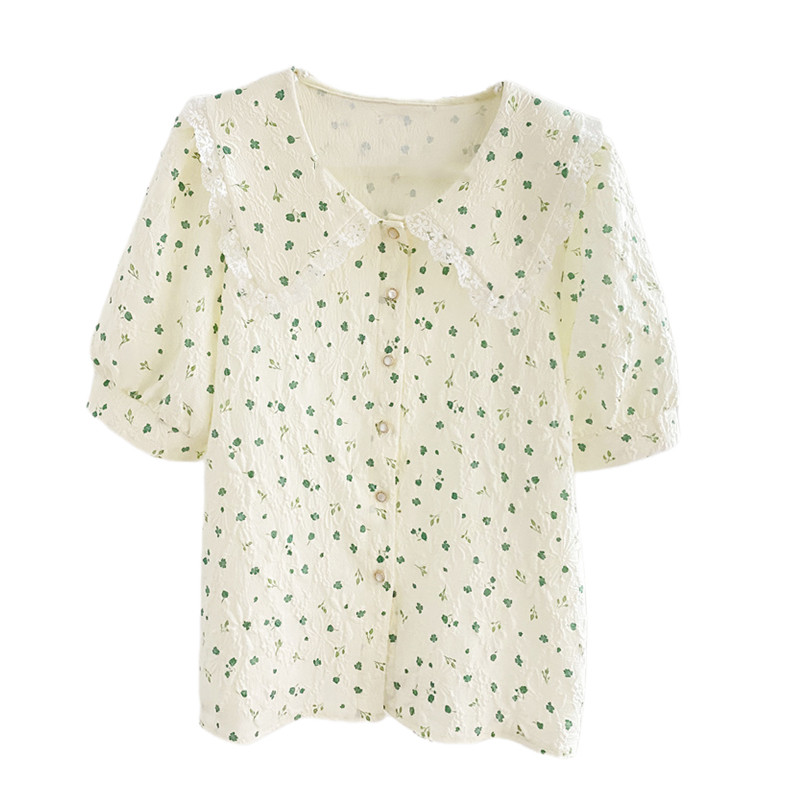 法式蕾丝花边娃娃领碎花女夏衬衫 莲妲衬衫