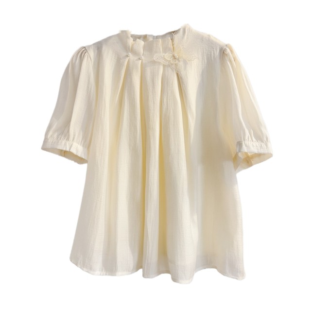 French-style pleated stand-collar puff short-sleeved shirt for women