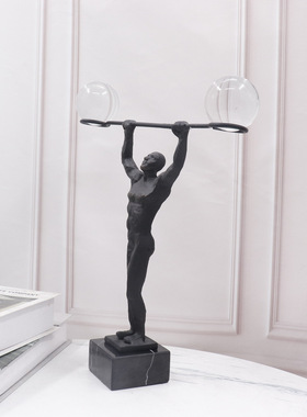 北欧现代轻奢雕塑水晶铸铁举重人摆件样板房间软装饰品家居摆设
