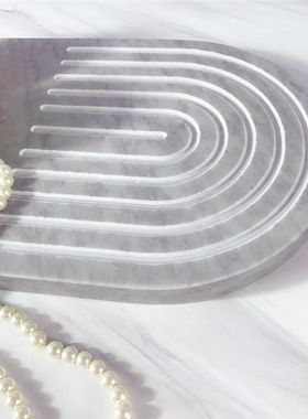 现代家居软装衣帽间大理石果盘螺旋纹灰色椭圆国际象棋托盘摆设