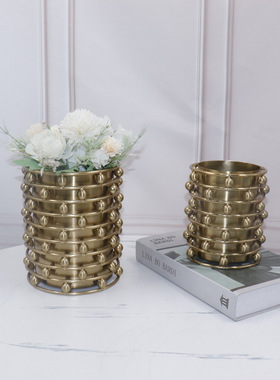 现代样板房创意客厅摆件现代装饰品花插花器欧式古铜金属圆筒花篮