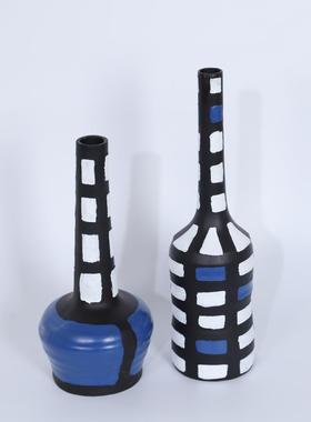 简约现代蓝色手工创意电视柜摆件样板间桌面摆件网格纹摆件客厅