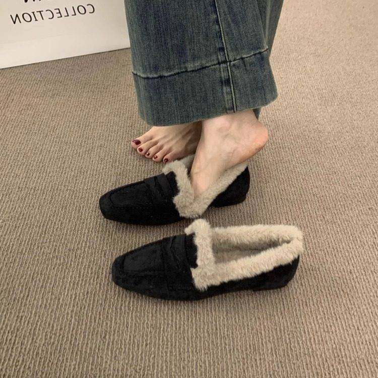 香港平底懒人一脚蹬加绒乐福鞋女秋冬季外穿毛绒豆豆鞋保暖棉瓢鞋,淘宝优惠券,粉丝福利购,淘宝优惠卷