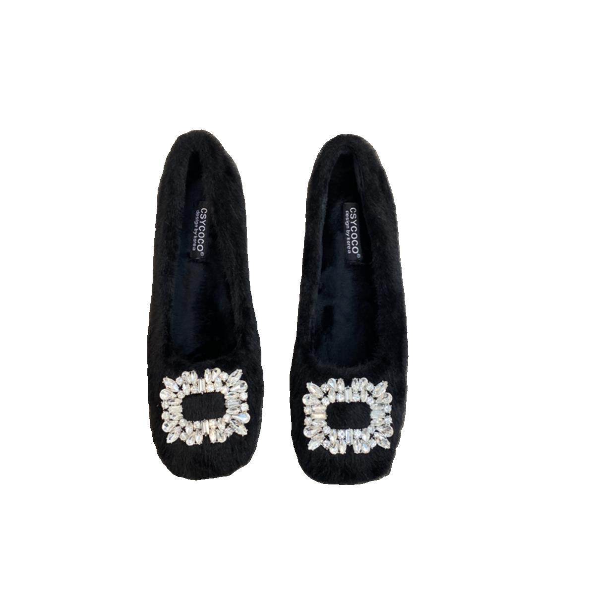 潮牌粗跟毛毛鞋女冬季外穿2025新款高级加绒豆豆鞋水钻扣保暖棉鞋,淘宝优惠券,粉丝福利购,淘宝优惠卷