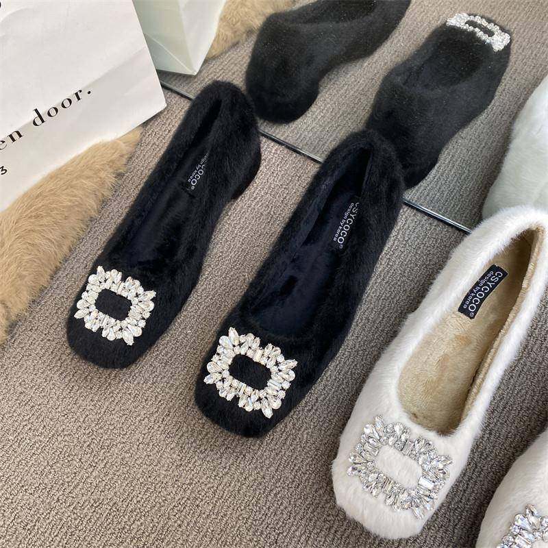 潮牌粗跟毛毛鞋女冬季外穿2025新款高级加绒豆豆鞋水钻扣保暖棉鞋,淘宝优惠券,粉丝福利购,淘宝优惠卷