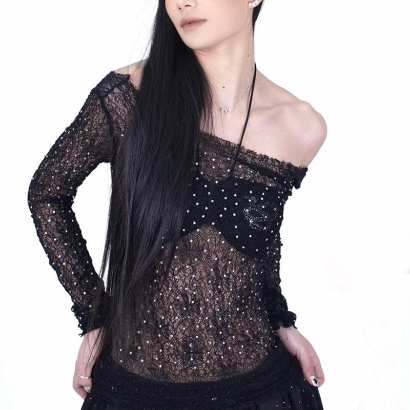 美式自制露背钻石网格长袖网纱女纯欲风镂空个性辣妹斜肩长袖上衣