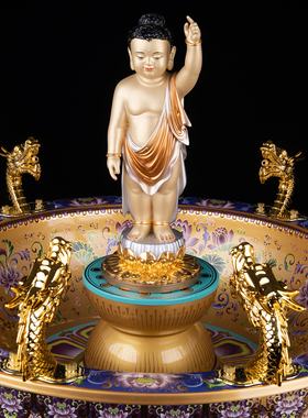 合金珐琅彩九龙吐水浴佛盆摆件