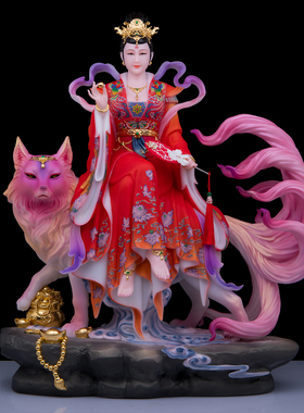 九尾狐神像坐狐汉白玉家用供奉
