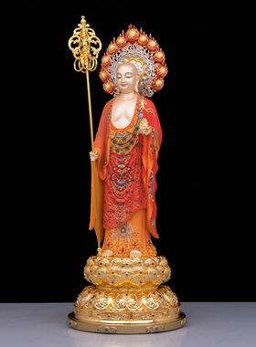 黄铜精雕地藏王佛像台湾彩绘贴金