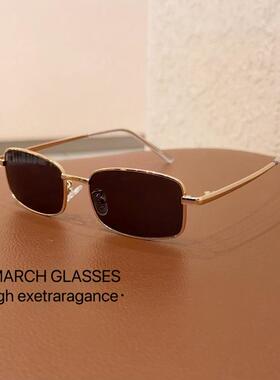 新款墨镜方形窄框太阳镜女复古达妹同款眼镜金丝边框遮阳百搭显瘦