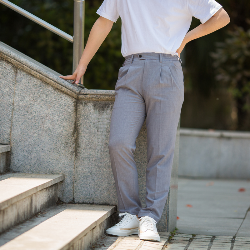 春夏新款松紧两穿腰浅灰色薄免烫弹性九分微锥裤青年休闲裤男裤子 - 图0