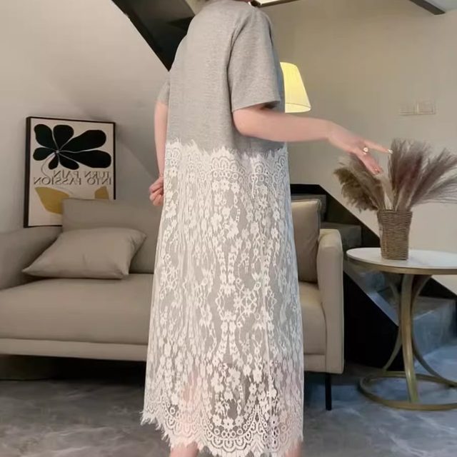 Style loose and versatile short-sleeved patchwork lace dress