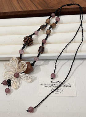 复古民族风项链长款花朵木质编织颈链女小众设计感独特百搭锁骨链