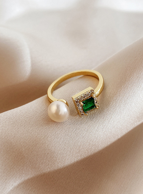 绿锆石淡水珍珠戒指女小众设计轻奢高级感2025新款开口可调节指环