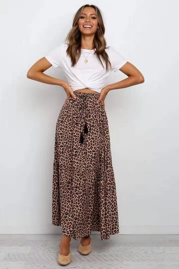 Autumn new skirt elastic high waist brown leopard print skir - 图0