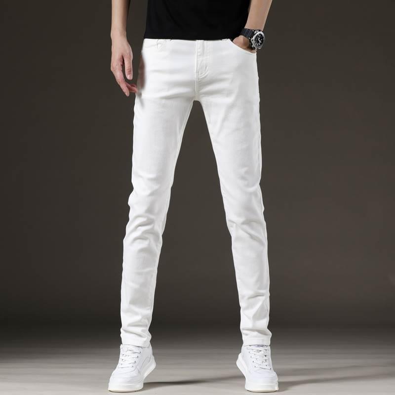 春季白色牛仔裤男士潮牌直筒修身小脚黑色破洞夏季薄款纯白色裤子-图0