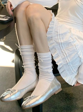 2双装 春夏纯色系蝴蝶结设计公主风堆堆袜御姐中筒袜莫兰迪白色系