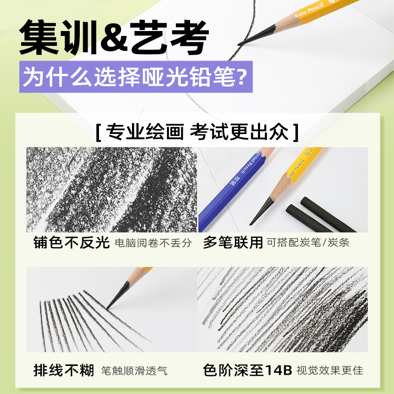 哑光素描铅笔美术生专用素描工具套装初学者绘画碳笔hb2b4b6b8b12b14b软中硬速写碳笔艺术生考试用品 - 图0