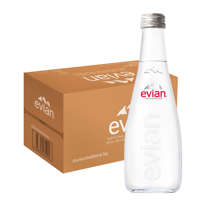 evian/依云 法国进口天然饮用矿泉水330ml*20整箱玻璃瓶多省包邮