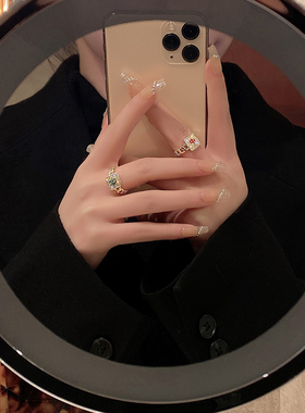 设计师款轻奢时尚麻将红中发财戒指女新款潮可调节食指开口戒指环