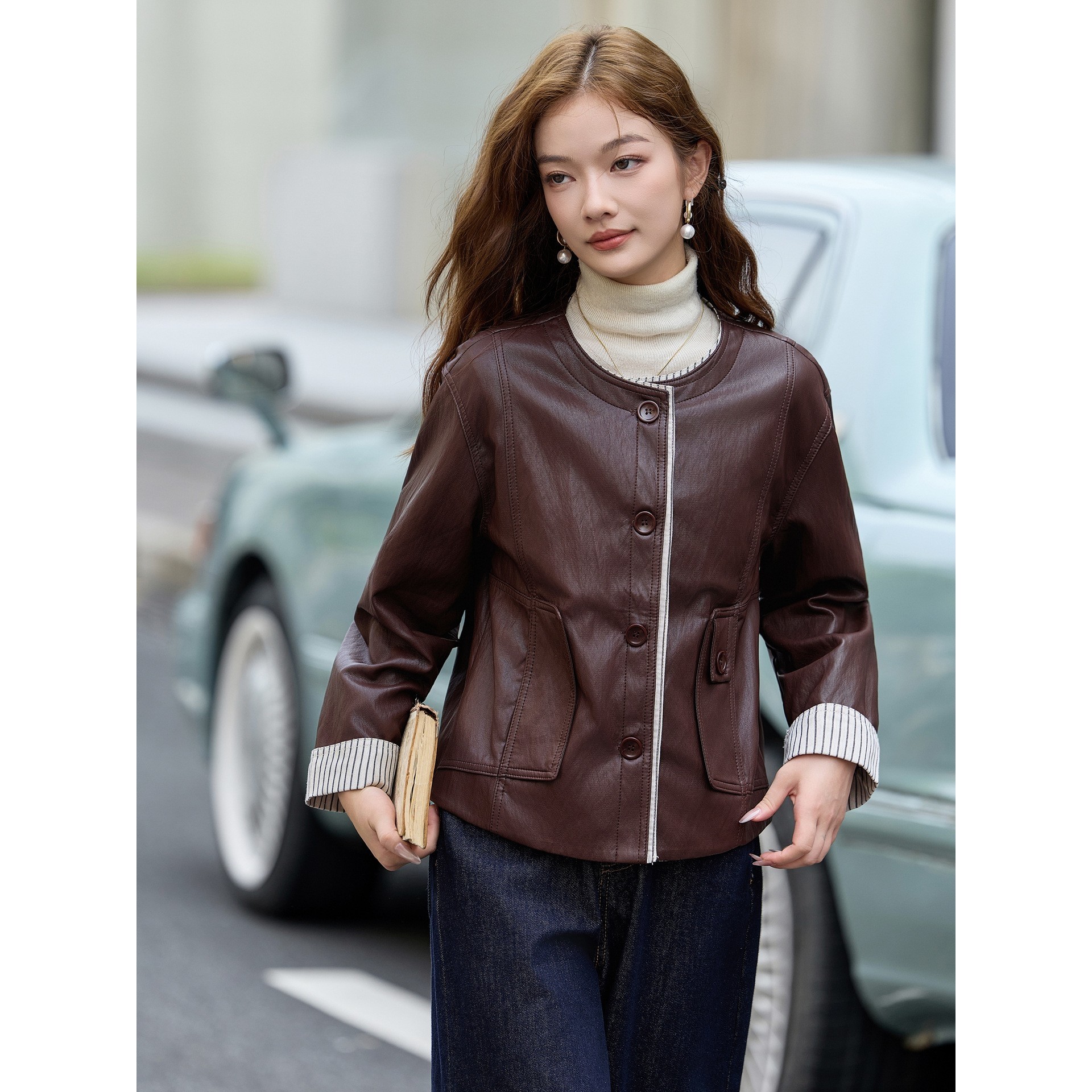 官网女装夏易菲休闲女皮衣2026秋季新款圆领单排扣pu宽松外套条纹,淘宝优惠券,粉丝福利购,淘宝优惠卷