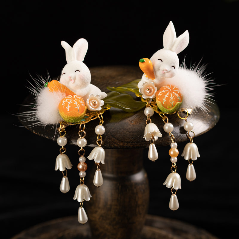 儿童发夹毛球小兔子耳朵汉服发饰 女童毛绒头饰 古代玉兔兔夹子 - 图2