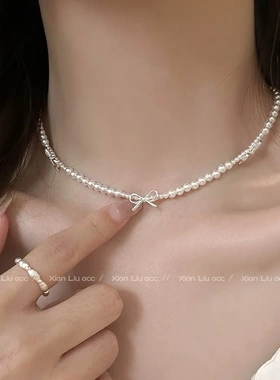 银色蝴蝶结珍珠项链配饰女夏天轻奢高级感choker甜酷拼接锁骨颈链