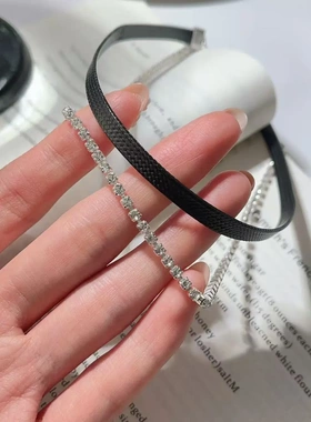 纯欲辣妹黑色皮绳叠戴闪钻项链小众气质choker锁骨链简约百搭项圈
