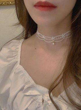 法式少女白色蕾丝珍珠项圈choker超仙镂空花朵甜美颈带锁骨链项链