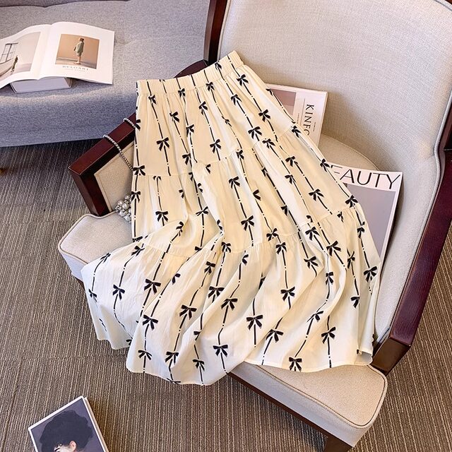 Bow print skirt for women in summer, retro, sweet, big swing, A-line skirt, elastic waist, slim mid-length skirt