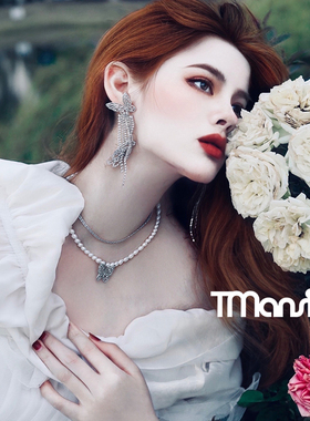 TM▲原创重工轻奢度假派对气质天然珍珠蝴蝶锁骨短项链耳环套装女