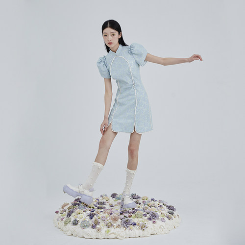 MildRate 双色蕾丝新中式珍珠旗袍裙花苞袖少女连衣裙 - 图1