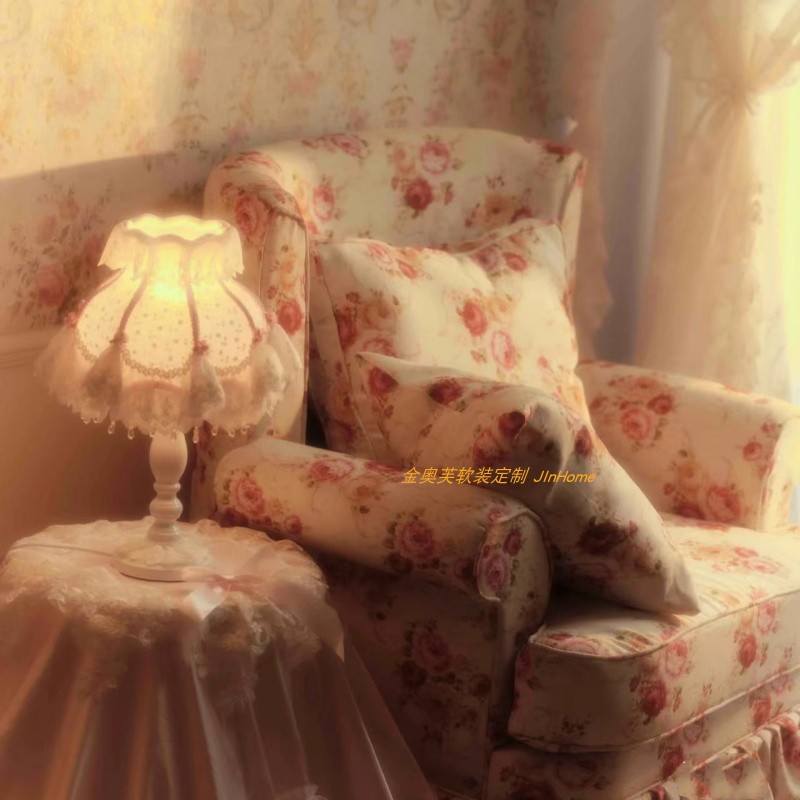 法式田园风格摄影拍照打卡景点单人沙发中古碎花裙摆高靠背老虎椅