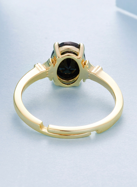 s925纯银镀黄金鸢尾花活口戒指个性优雅黑色锆石戒指手饰椭圆形