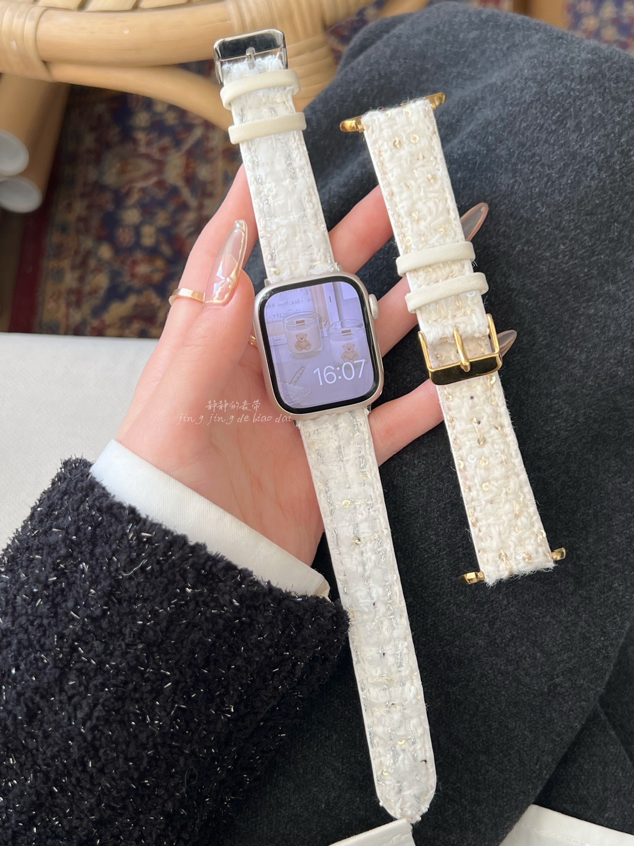 手工山茶毛呢真皮适用于苹果表带applewatchs978代65SE静静的表带-图3