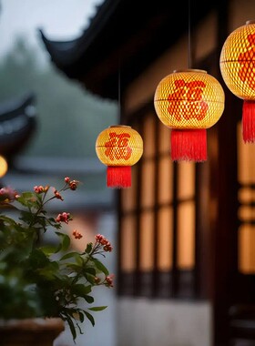 竹编油纸灯笼中式火锅店装饰灯具