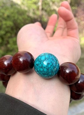 男士文玩大手串紫檀配绿松珠子