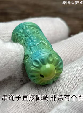 精品绿松石长吊坠雕刻龙柱圆柱形挂件龙头绿色流行项坠
