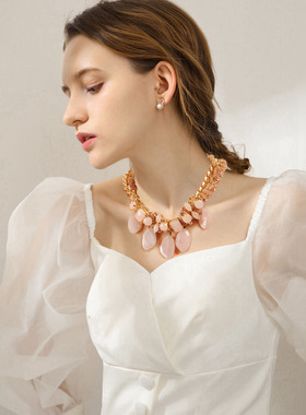 Desigual奢华宫廷风复古合金镶嵌粉晶玉石高贵感项链气质宴会颈链