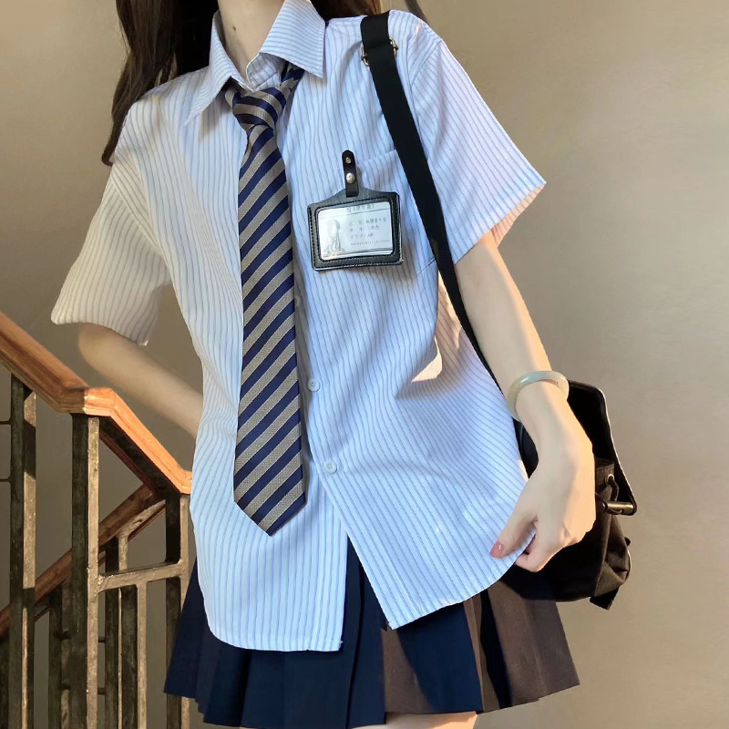 日系学院风条纹衬衫女学生短袖jk风制服套装校供衬衣领带校服上衣 - 图0