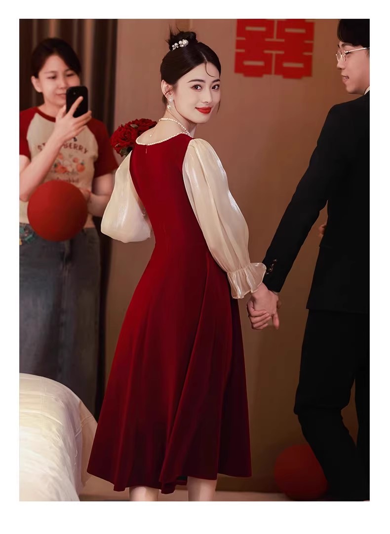 小个子新娘敬酒服2024春秋订婚结婚连衣裙红色显瘦晚礼服平时可穿 - 图0