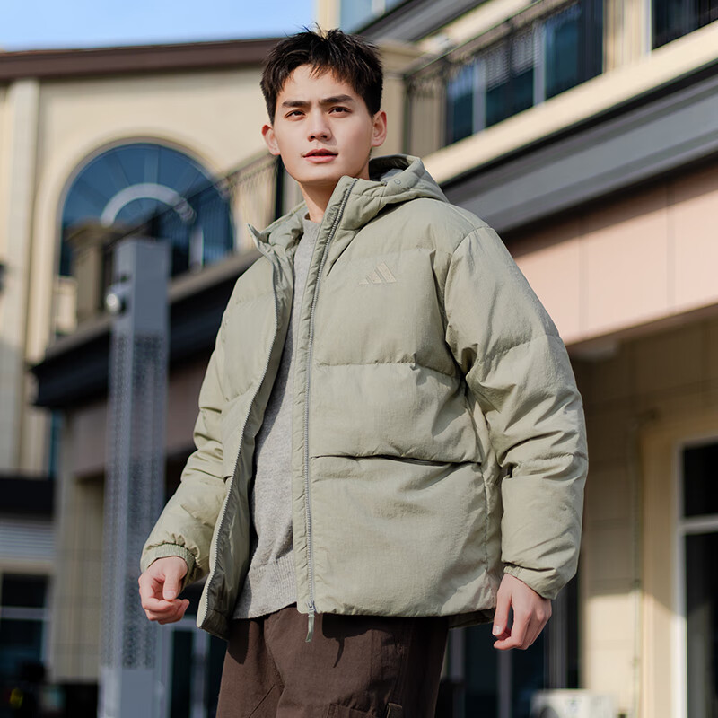 阿迪达斯羽绒服男装冬季新款鸭绒面包服绿色连帽加厚外套JM4625 - 图2