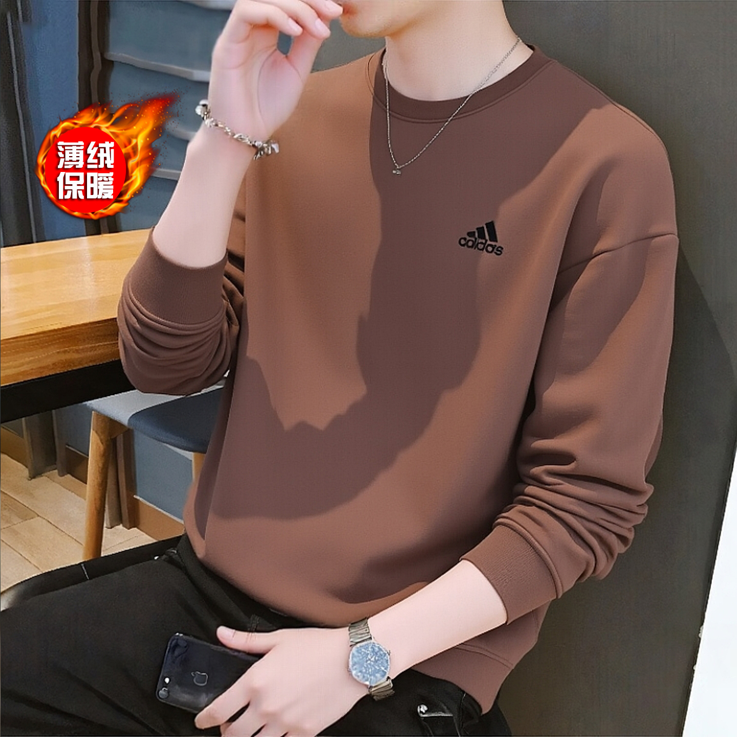 阿迪达斯加绒卫衣男秋季新款棕色打底衫宽松上衣美式运动服JM9094 - 图0