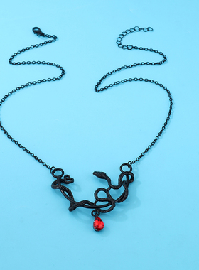暗黑风红宝石骷髅蜘蛛项链毛衣链