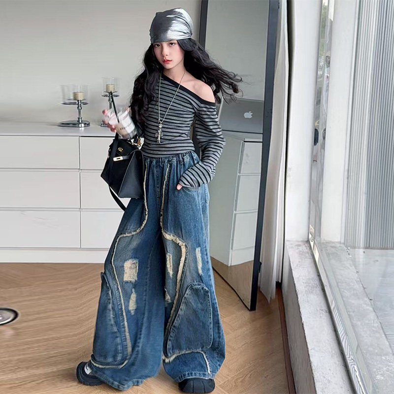 美式高街设计感解构流苏破洞牛仔裤女童2025秋季新款复古拖地裤,淘宝优惠券,粉丝福利购,淘宝优惠卷