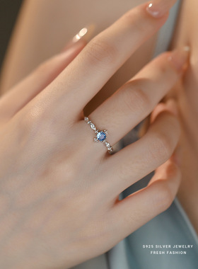 S925纯银浅蓝尖晶细圈开口戒指女时尚小众设计精致百搭轻奢食指戒