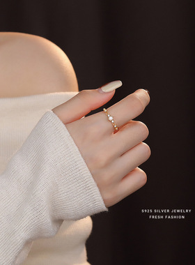 s925纯银贝珠戒指女镂空百搭食指戒可调节锆石法式轻奢指环ins风