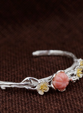 苏念S925纯银手镯素银工艺镶嵌贝壳女款简约清新飘金工艺手环配饰