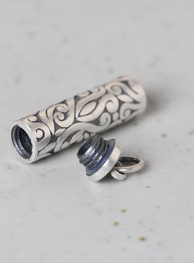 苏念足银复古民族风唐草花纹哑光嘎乌盒简单圆柱男女银吊坠挂件